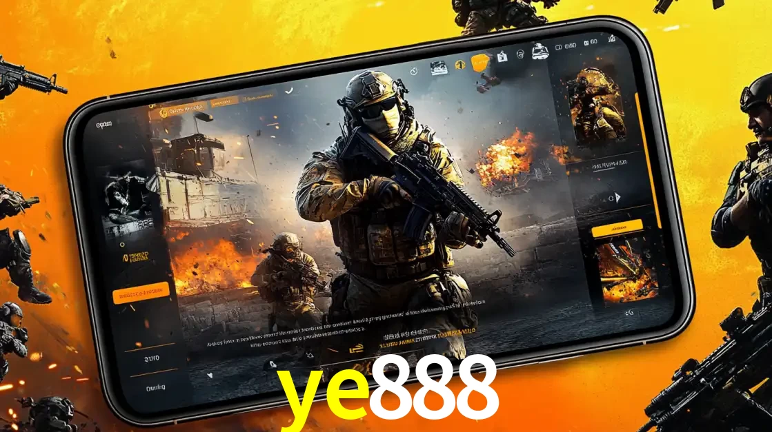 Um smartphone exibindo a interface de um jogo de tiro em primeira pessoa, com um soldado em um cenário de batalha, representando a ação dos e-sports para apostar no ye888.