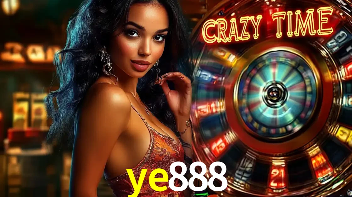 Mulher elegante ao lado da vibrante roda da fortuna do jogo de cassino ao vivo Crazy Time, um dos game shows mais populares e cheios de prêmios do ye888.