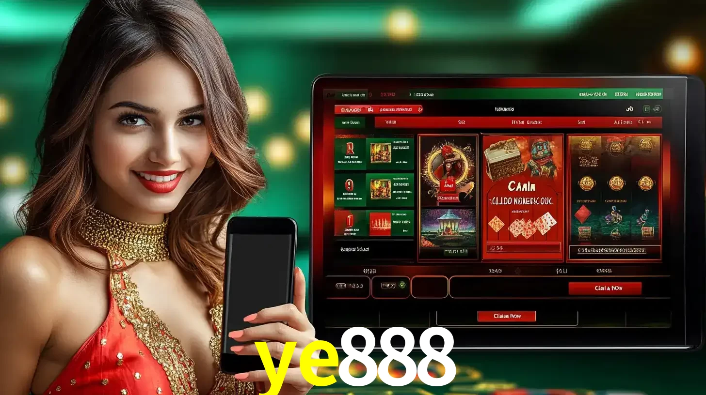 Mulher sorridente segurando um smartphone, ao lado de uma tela exibindo o lobby de jogos do cassino online ye888, com várias opções de jogos de cartas e slots.